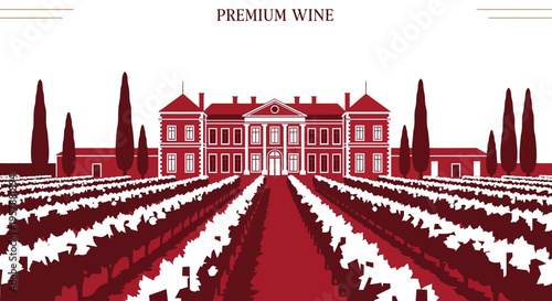 Elegant Winery Estate and Vineyard Landscape Illustration for Premium Wine Branding