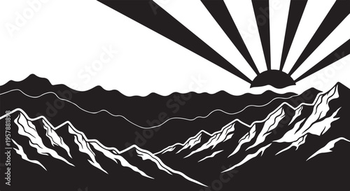 Black and white mountain landscape with sunrise illustration