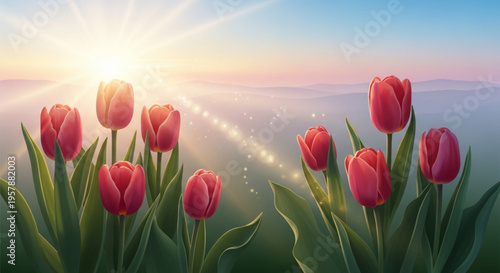 Vibrant pink tulips blooming in garden at sunrise with foggy background and sun rays