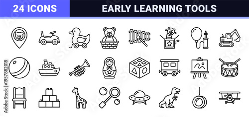 Childrens Toy Shop and Early Childhood Play Essentials Ultra Minimalist Monoline Geometric Line Art Outline Symbols for Retail and Education