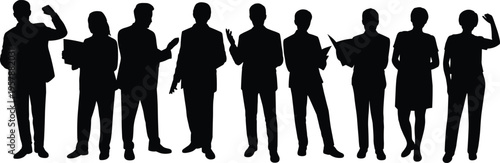 Silhouette business people standing, professional team discussion, corporate communication poses, office workers group, formal posture, teamwork concept, isolated black figures illustration