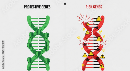 Genetic comparison healthy protective genes vs risky mutated dna sequences