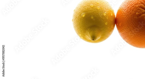 Fresh Lemon and Orange Touching with Water Droplets on White Background.