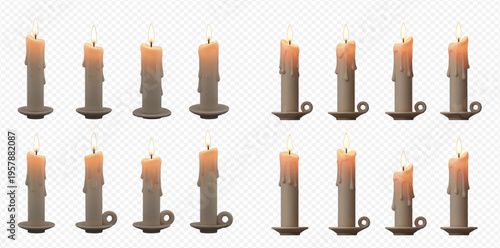 Set of realistic burning candles with dripping wax, creating a warm and cozy atmosphere.