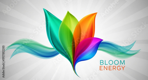 Vibrant rainbow leaves bloom with flowing ribbons on gray background with bloom energy text
