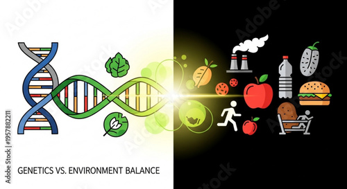 Genetics versus environment balance concept illustration