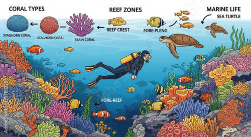 Scuba diver exploring vibrant coral reef with sea turtle colorful fish and coral formations