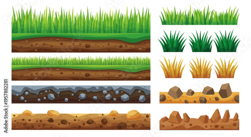 Game Terrain Assets: Cartoon Ground Layers, Soil Cross Sections, and Grass Tufts for 2D Level Design