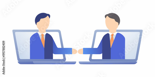 Two business professionals shaking hands via laptop video conference