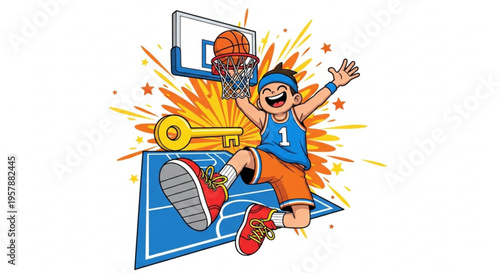 Cartoon boy dunks basketball with excitement and joy on a blue court