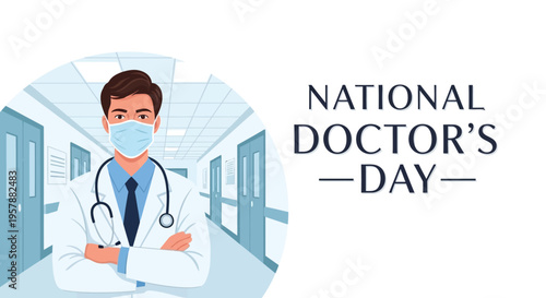 Illustration of a doctor in a hospital corridor on National Doctor's Day, wearing a mask and a white coat, symbolizing physician appreciation and healthcare hero concept.
