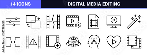 Minimalist monoline video editing icons featuring geometric line art for professional post-production software and digital media apps.