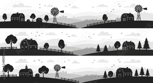Minimalist Farm Landscape Banners, Rural Countryside Silhouettes with Barns, Windmills and Hills, Agriculture Vector Illustration Backgrounds