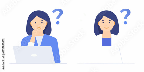 Two women with laptops contemplate choices represented by question marks