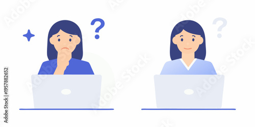 Two women using laptops one showing confusion and the other clarity