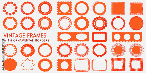 Collection of vibrant orange vintage frames with ornamental and geometric borders