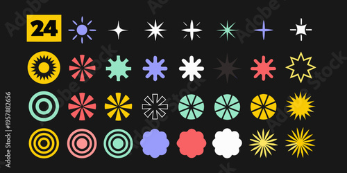 Collection of colorful starbursts shapes and a number 24 on black