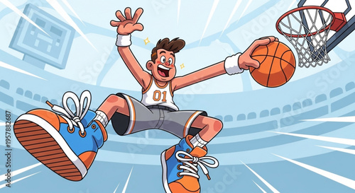 Man in white jersey dunks basketball with arms outstretched in blue basketball court with hoop