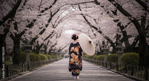 Traditional Japanese Woman in Kimono Under Sakura Trees in Spring