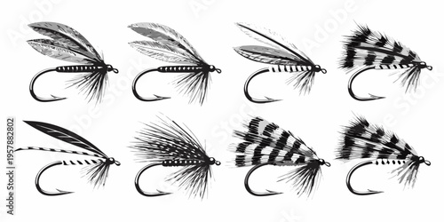 A collection of intricately designed fishing flies with sharp hooks