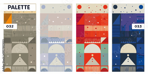 Four abstract color palettes with geometric shapes and numbered examples