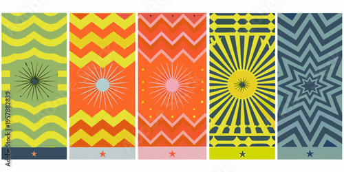 A series of six brightly colored patterned rectangular panels arranged in a row
