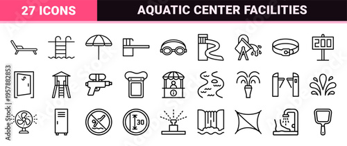 Water Park and Aquatic Recreation Line Art Symbols Featuring Minimalist Geometric Outline Style for Theme Park Wayfinding and UI Design