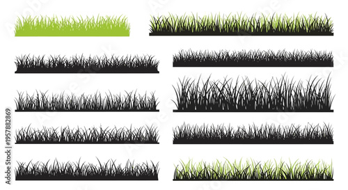 Set of Grass Silhouette Borders and Green Vector Grass Strips for Landscape Design