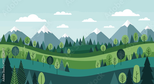 Flat Vector Mountain Landscape with Green Forest, Rolling Hills, and Snow-Capped Peaks