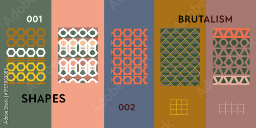 Abstract geometric patterns and text displaying brutalism and shapes