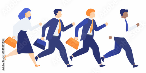 Four business professionals rushing forward in a flat modern illustration