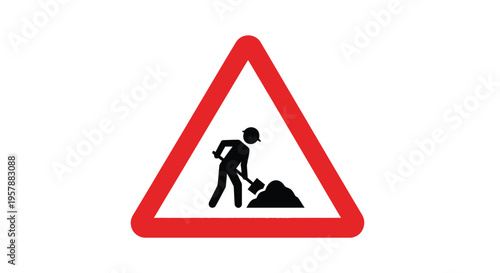 Road work ahead a triangular warning sign featuring a worker digging
