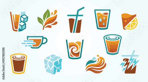 Collection of stylized icons representing various refreshing beverages and ice cubes, perfect for a menu or branding.