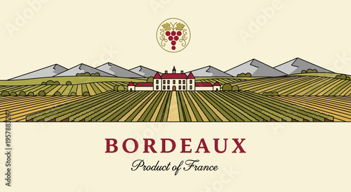 Vintage Bordeaux Wine Label Illustration with French Vineyard Chateau and Mountains Backdrop