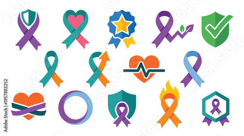 Collection of awareness ribbons and symbols representing various health causes and support.