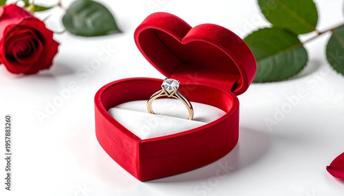 Wallpaper Mural Elegant Diamond Engagement Ring in Red Heart-Shaped Box with Roses. Torontodigital.ca