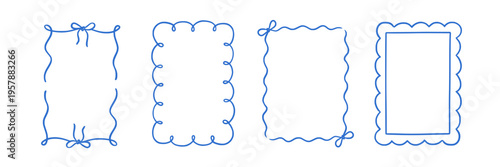 Frame border hand drawn line set. Frame border line hand drawn doodle rectangle vintage wavy bow picture. Cute whimsical decoration scallop squiggly curly wedding invitation. Vector illustration