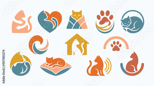 Collection of stylized cat logos and icons, featuring various poses and symbols related to felines and animal care.