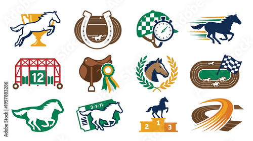 Collection of horse racing and equestrian sport icons, featuring horses, saddles, helmets, tracks, and trophies.