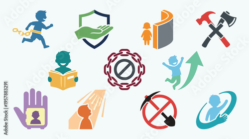 Collection of icons representing human rights, social justice, and community support initiatives.