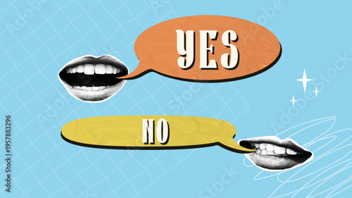 Mouths expressing yes and no in speech bubbles on a blue background. Trendy halftone collage. Debate concept in collage style. Illustration of opinion, choice, disagreement, communication, dialogue