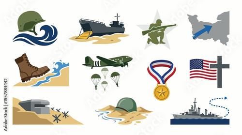 Collection of D-Day invasion symbols including landing crafts, soldiers, paratroopers, military vehicles, and a map of Normandy.