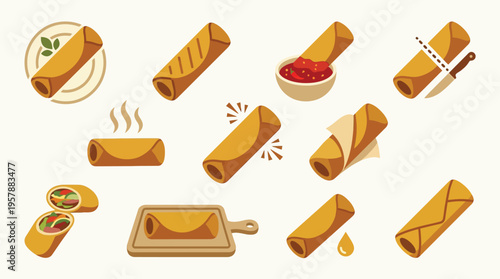 Collection of illustrations depicting various stages of preparing and serving burritos, from rolling to slicing.
