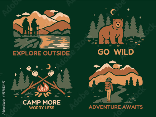 Flat vector set of outdoor scenes with hikers in the mountains, campfires with marshmallows, and a bear in the forest. Minimal shapes, clean design, natural colors