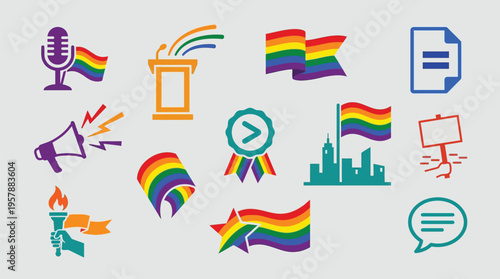 Collection of LGBTQ+ pride symbols and icons representing activism, rights, and community.