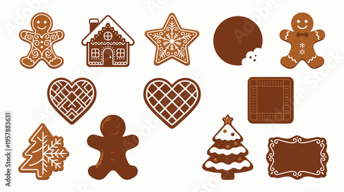 A collection of festive gingerbread cookies in various shapes including gingerbread men, houses, trees, hearts, and stars, decorated with white icing.