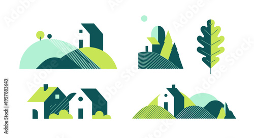 Minimalist Geometric Landscape and Eco-Friendly House Illustrations - Set of Flat Style Rural Scenery with Hills, Trees, and Cottages for Sustainable Living Concepts