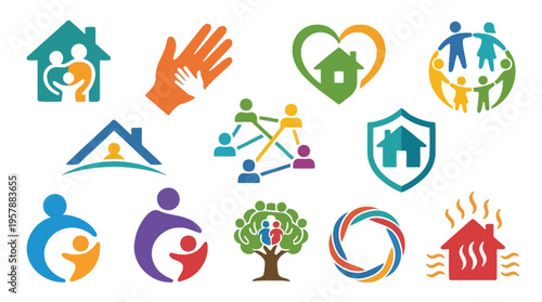 Collection of diverse icons representing family, community, support, and home.
