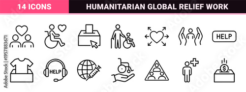Charity and Volunteering Minimalist Monoline Icons for Non-Profit Branding and Community Support Apps, Geometric Line Art Style.