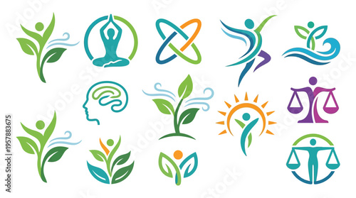 A collection of diverse abstract icons representing health, wellness, balance, and personal growth, featuring human figures, plants, and symbolic elements.
